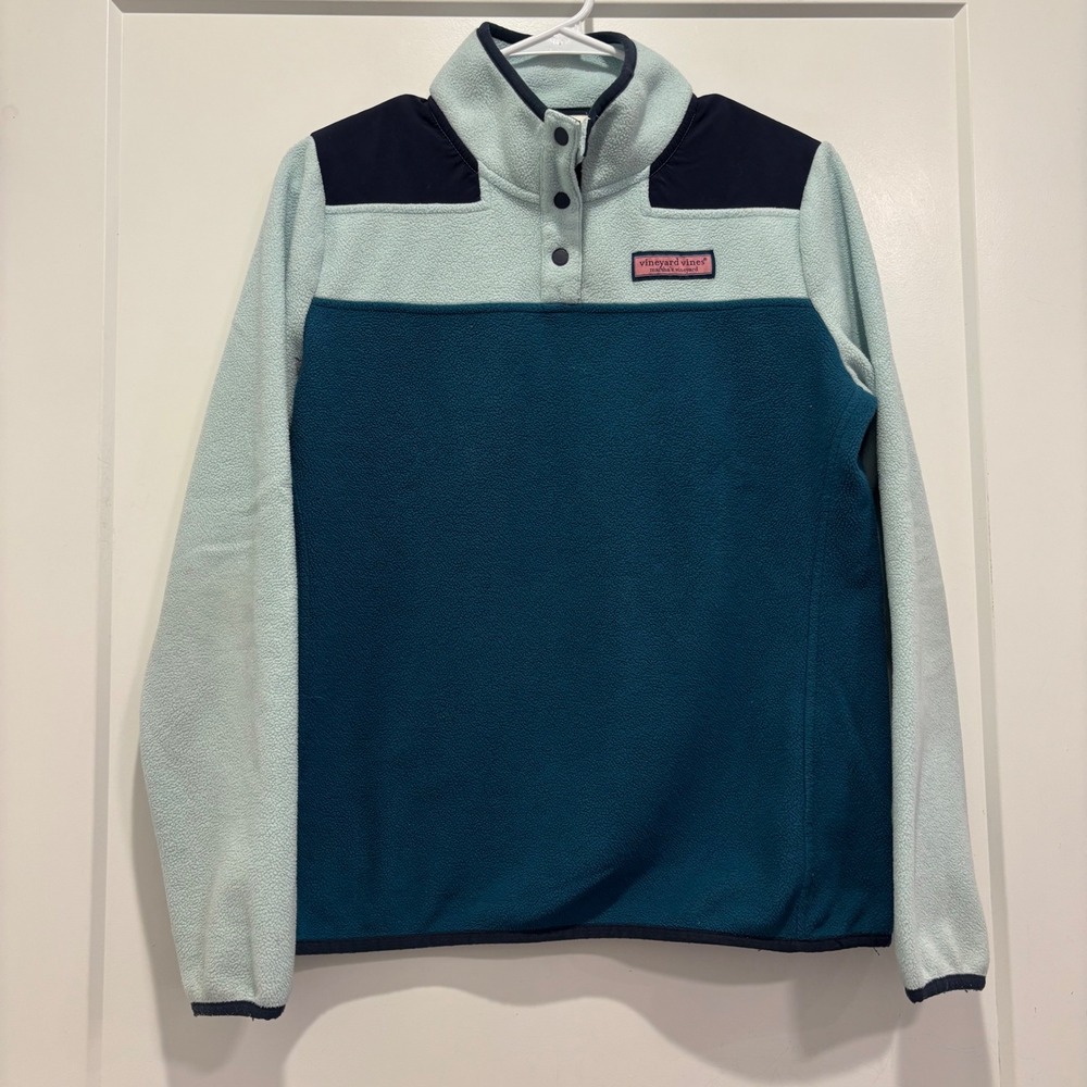 Vineyard Vines Womens Blue Colorblock Fleece Quarter Zip Pullover Jacket